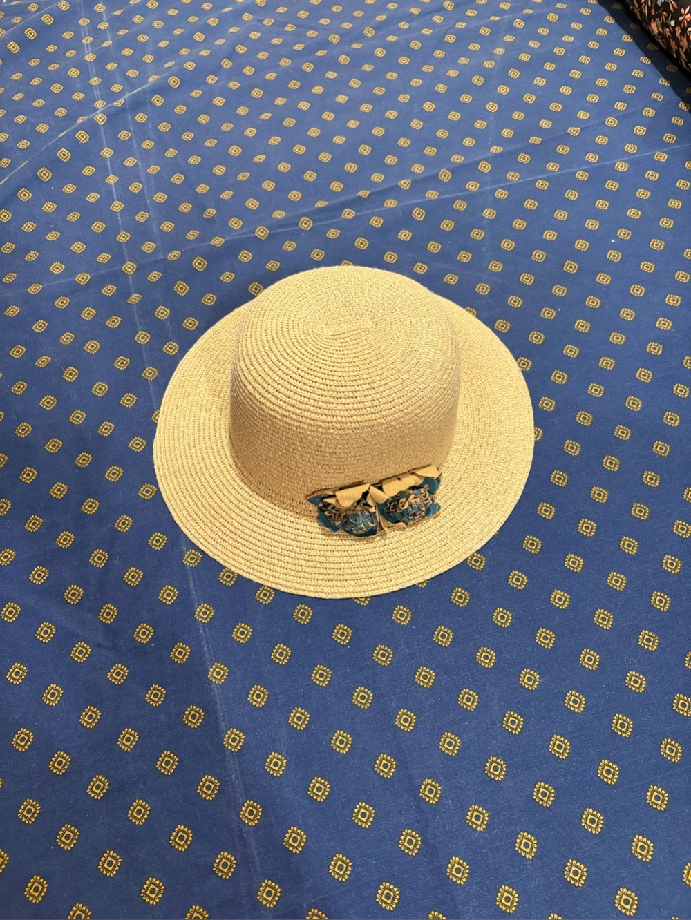 Kids Straw Sun Hat with Blue Floral Bow - Cream